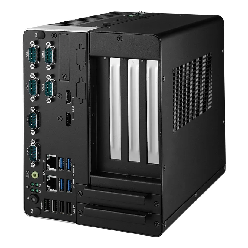 Máy tính công nghiệp không quạt Advantech ARK-3534B nhìn từ mặt cổng, nhiều cổng COM và USB
